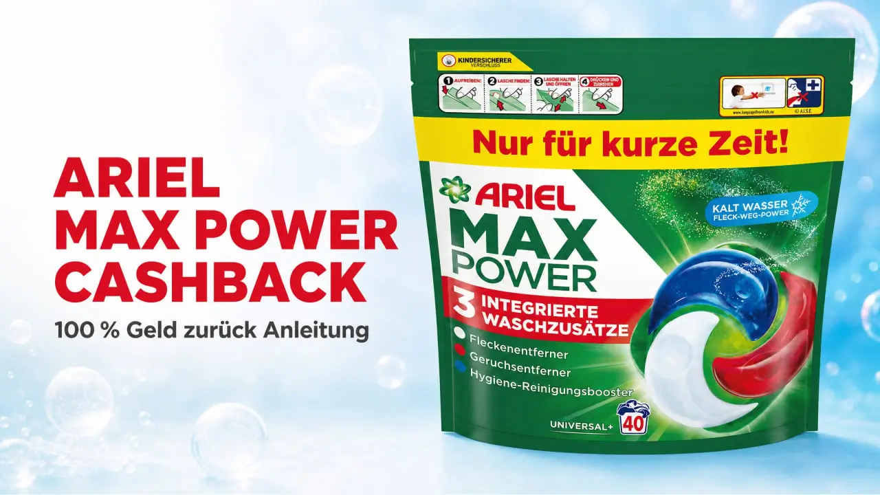 Ariel Max Power Cashback, 100 % Geld zurück Anleitung bei dm
